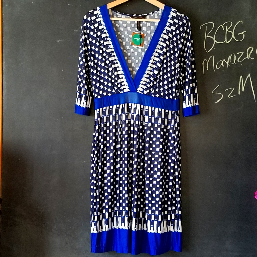BCBGMAXAZRIA Blue Black Geometric Dress  Sz M  Rayon Blend